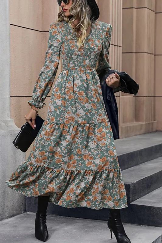 V-neck Green Printed Long Sleeves Casual Dress with Pleated sold by Zapaka