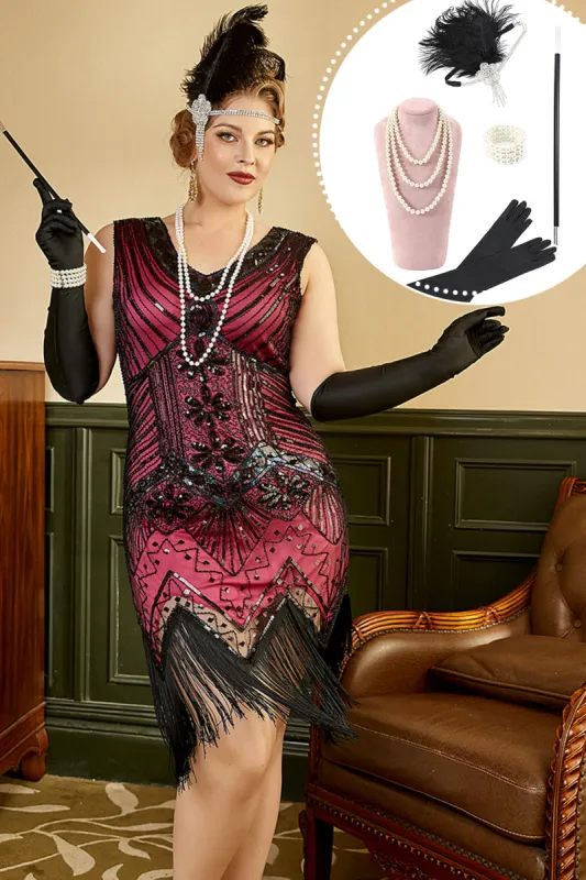 Fuchsia Sequins 1920s Plus Size Dress with 20s Accessories Set sold by Zapaka