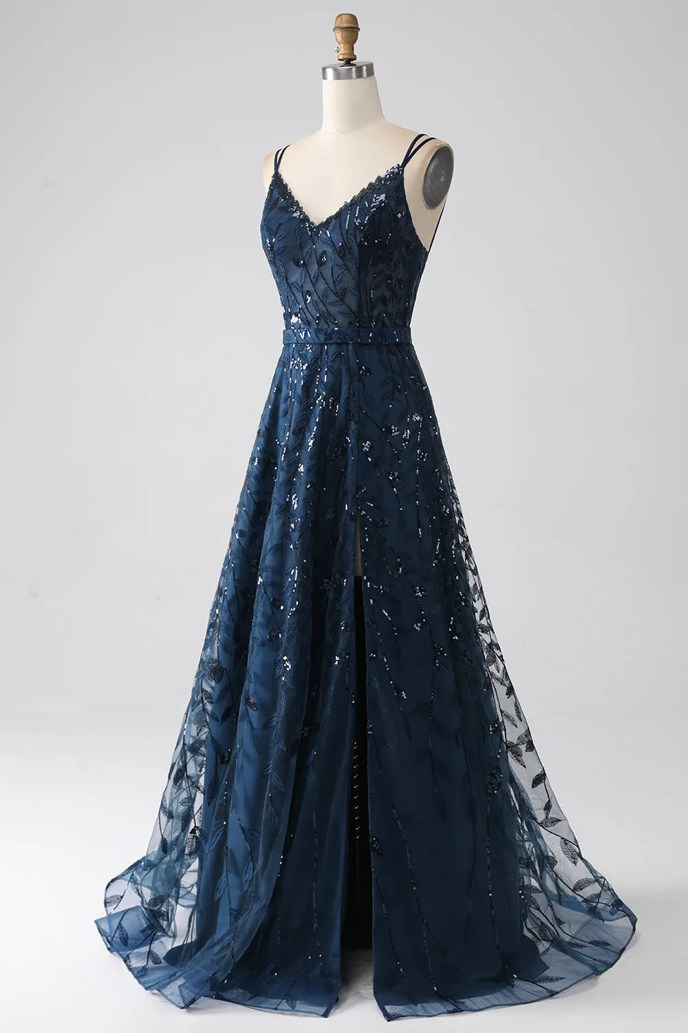 A-Line Dark Navy Spaghetti Straps Long Prom Dress with Slit sold by Zapaka product image thumbnail 3