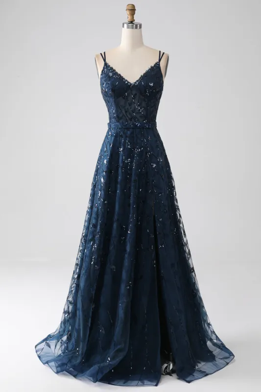 A-Line Dark Navy Spaghetti Straps Long Prom Dress with Slit sold by Zapaka