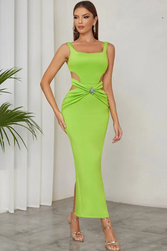 Green A Line Square Neck Hollow Out Pleated Long Formal Party Dress sold by Zapaka