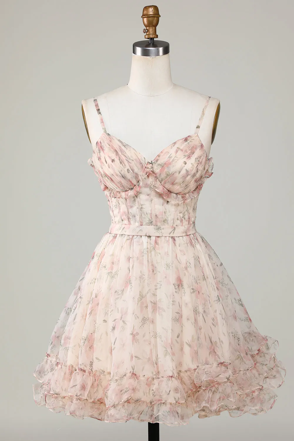 Champagne A-Line Corset Floral Short Homecoming Dress sold by Zapaka