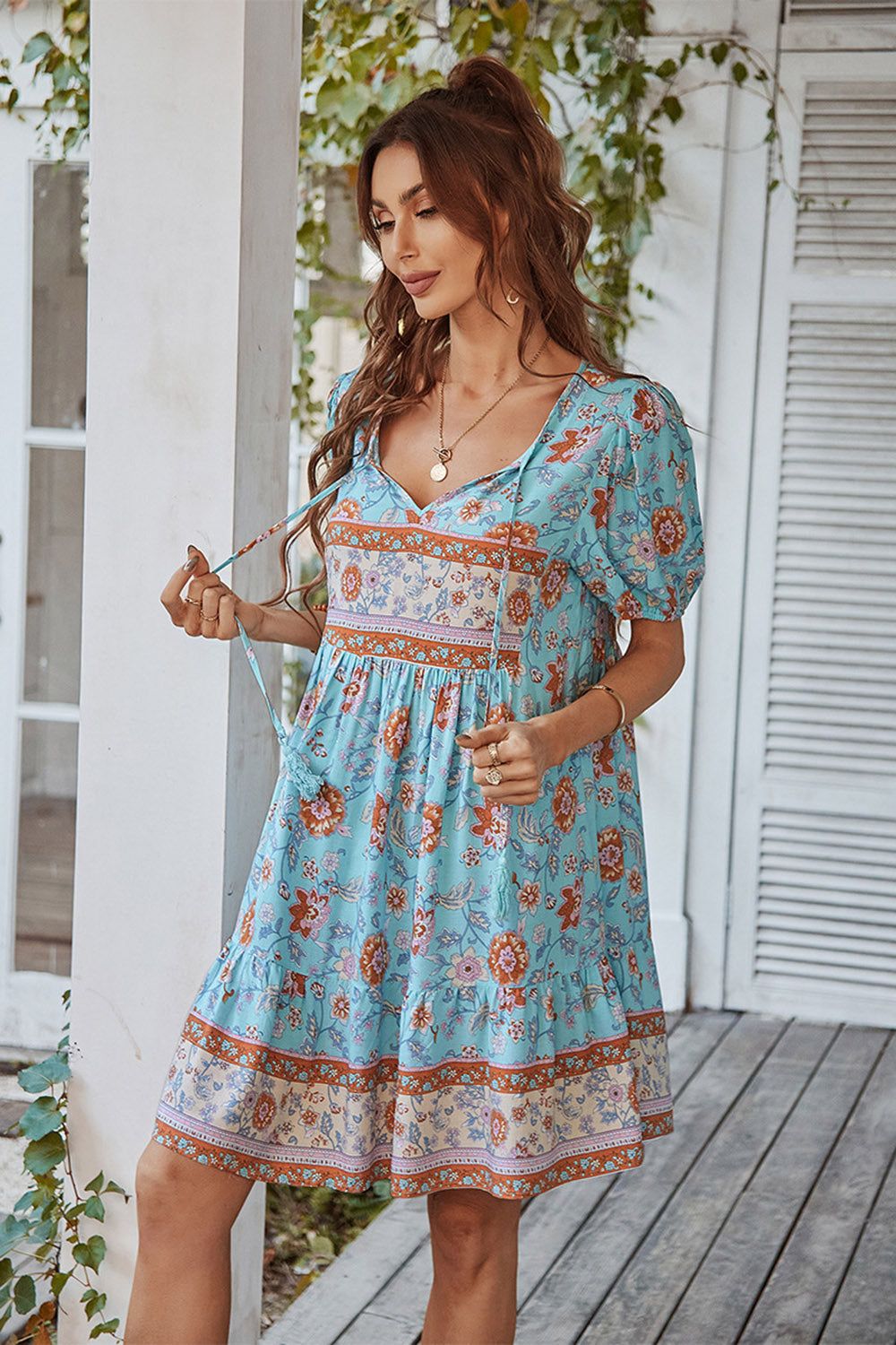 V Neck Bohemian Style Printed Blue Summer Dress sold by Zapaka product image thumbnail 3