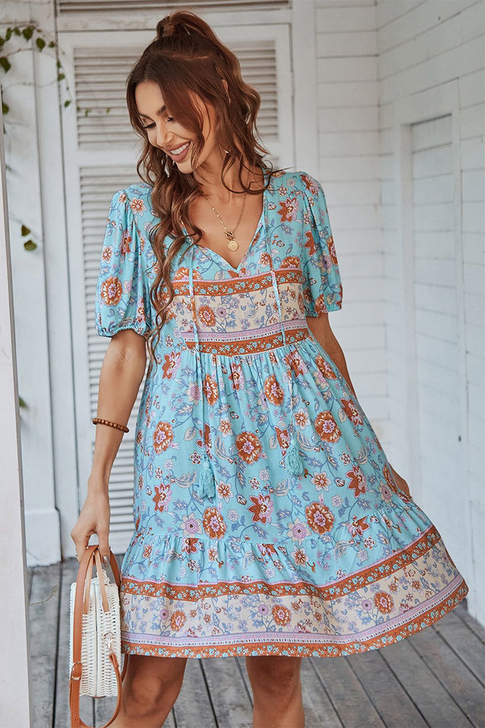 V Neck Bohemian Style Printed Blue Summer Dress sold by Zapaka