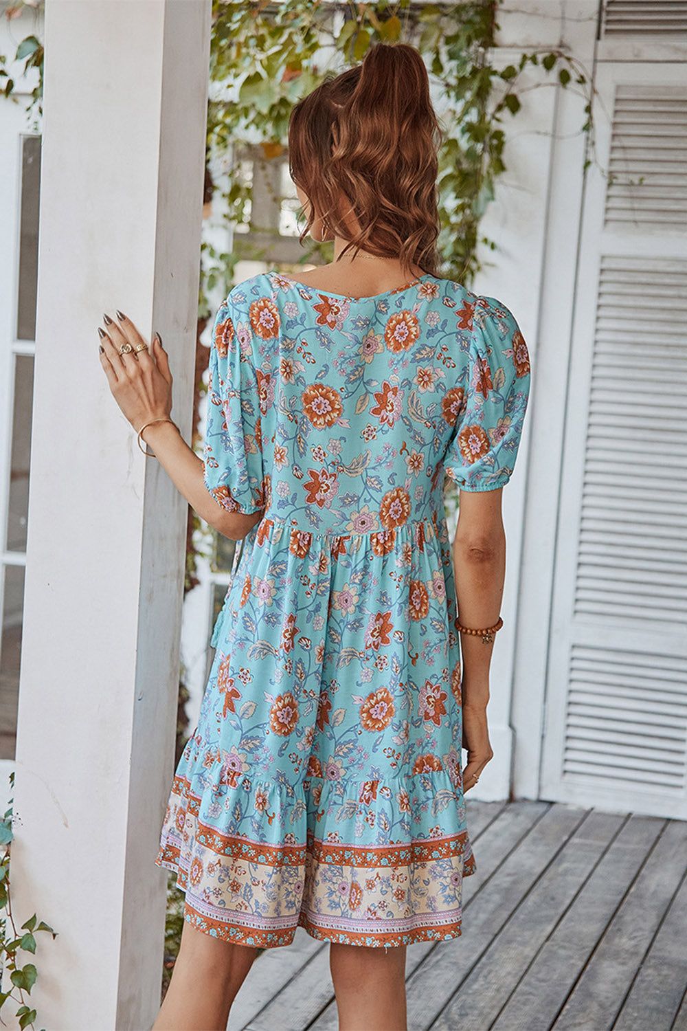 V Neck Bohemian Style Printed Blue Summer Dress sold by Zapaka product image thumbnail 2