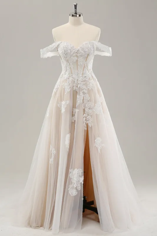 Princess White Off the Shoulder Applique Tulle Wedding Dress with Slit sold by Zapaka