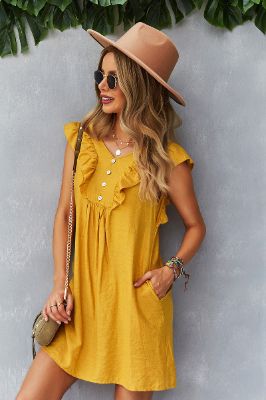 Yellow Button Boho Summer Dress with Ruffles sold by Zapaka
