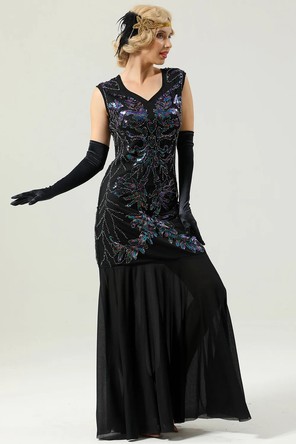 Black Long Sequins 1920s Party Dress sold by Zapaka product image thumbnail 4