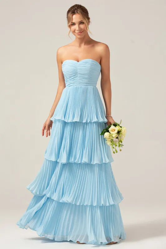 Sky Blue Sweetheart Pleated Tiered Long Bridesmaid Dress sold by Zapaka