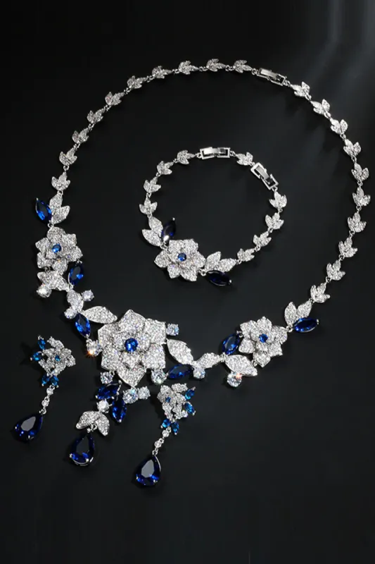 Royal Blue Flower Bracelet Necklace Jewelry Set sold by Zapaka
