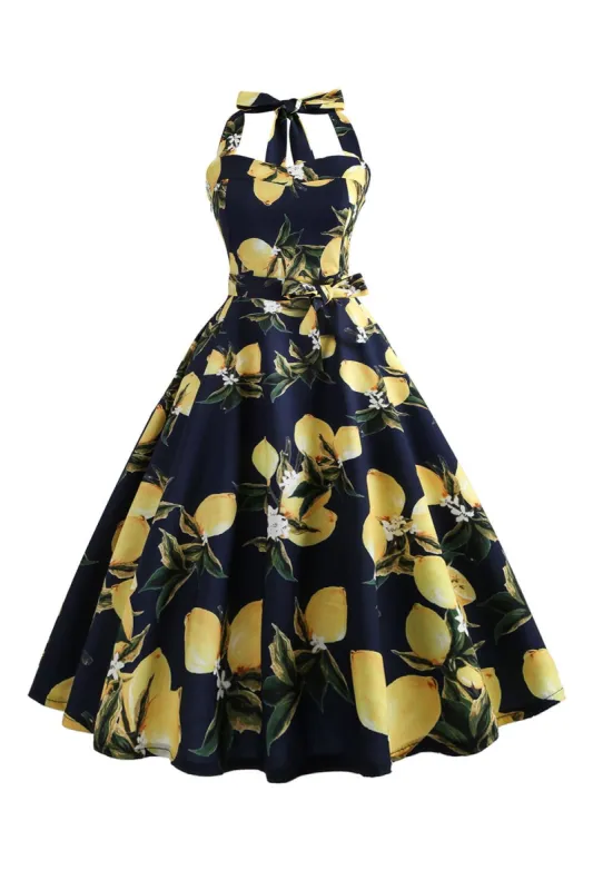 Halter Sleeveless Printed Navy 1950s Dress with Bow sold by Zapaka