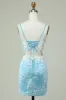 Sheath Spaghetti Straps Light Blue Short Homecoming Dress with Appliques sold by Zapaka