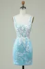 Sheath Spaghetti Straps Light Blue Short Homecoming Dress with Appliques sold by Zapaka