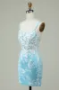 Sheath Spaghetti Straps Light Blue Short Homecoming Dress with Appliques sold by Zapaka