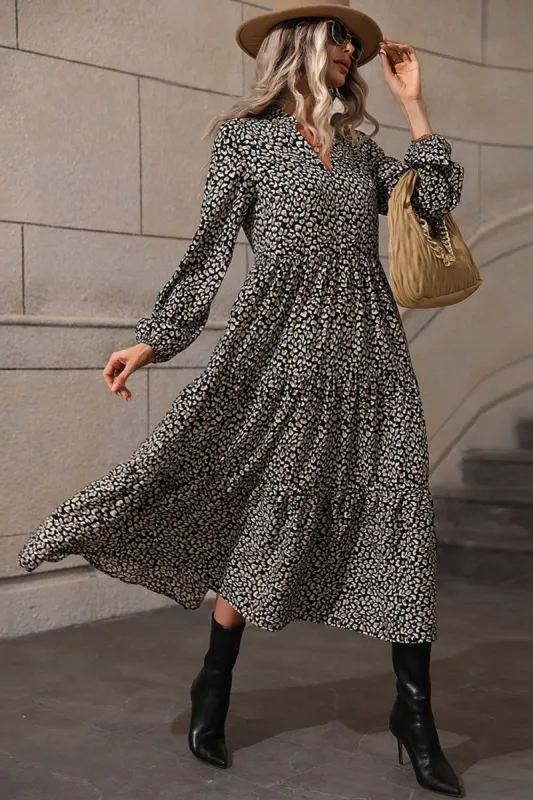 Printed A Line Black Long Sleeves Casual Dress made by Zapaka