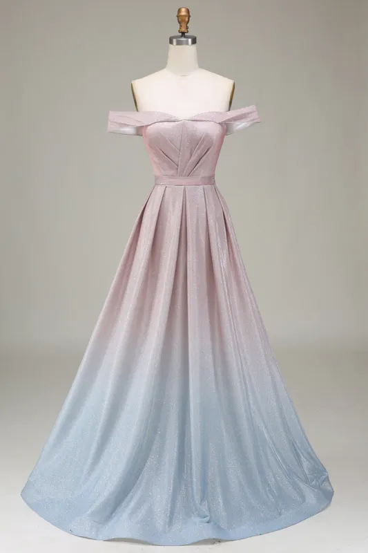 Off the Shoulder Grey Pink Sparkly Prom Dress with Pleated sold by Zapaka