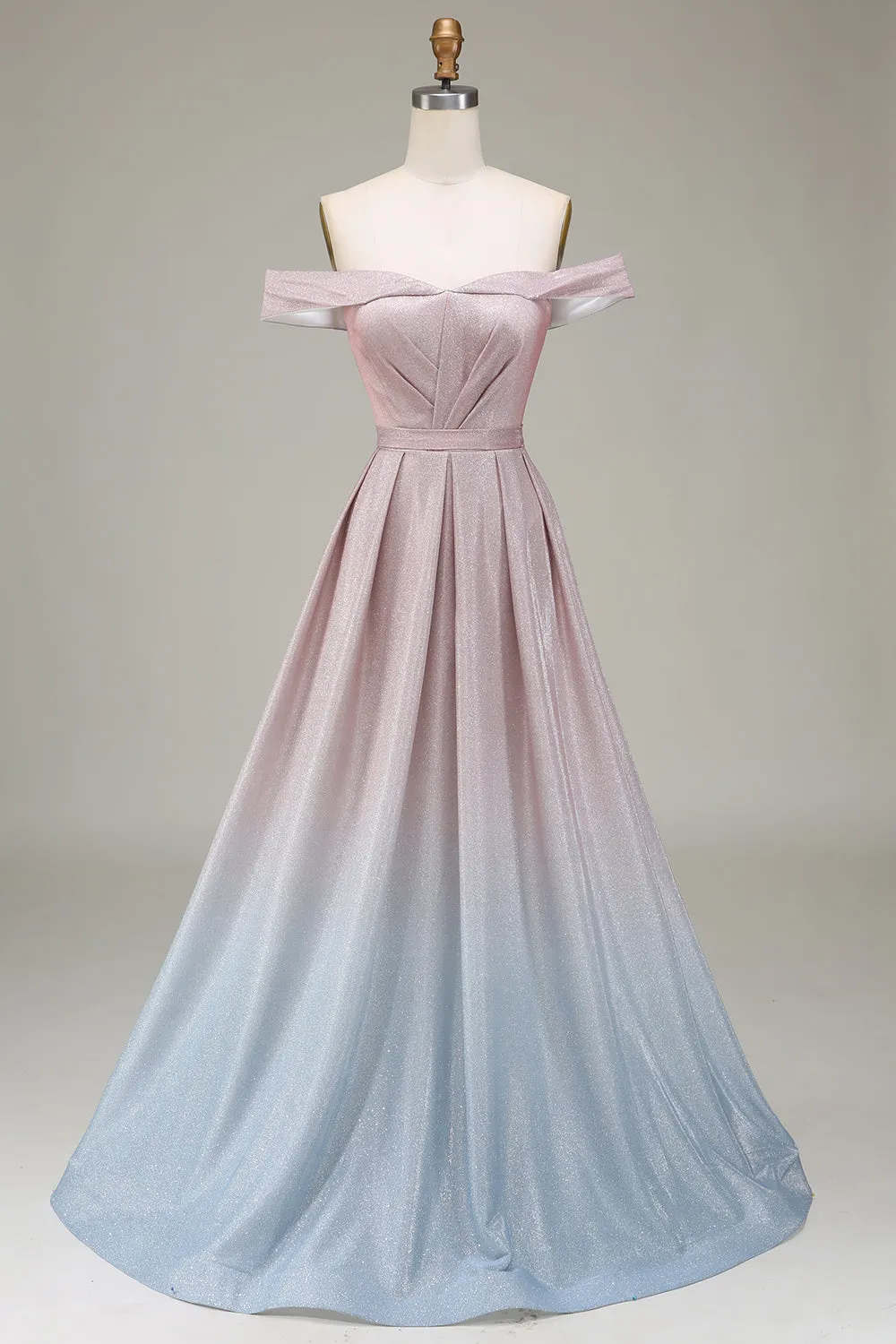 Off the Shoulder Grey Pink Sparkly Prom Dress with Pleated sold by Zapaka