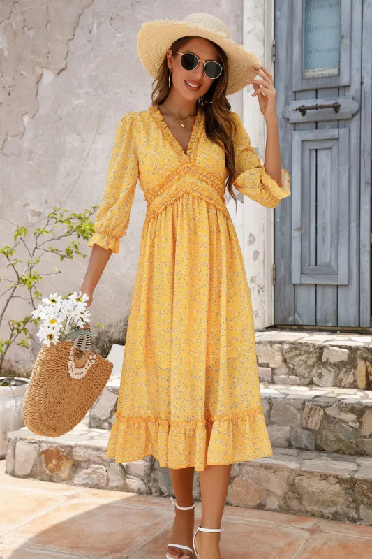 Yellow Long Sleeves Floral Boho Maxi Dress sold by Zapaka