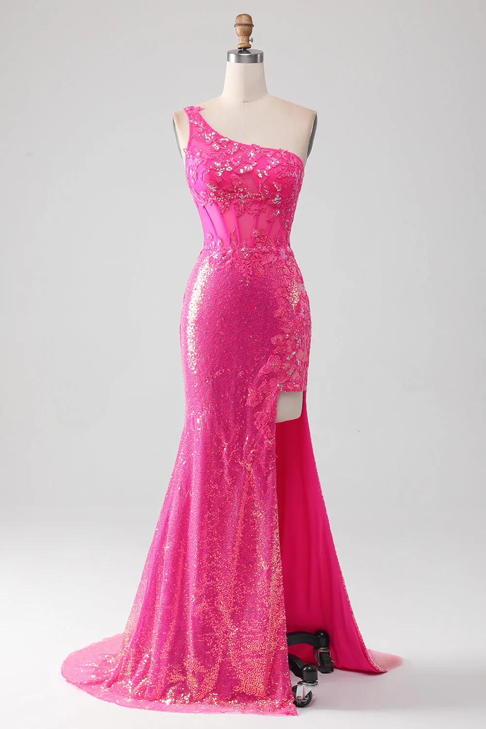 Sparkly Fuchsia Mermaid One Shoulder Appliques Prom Dress With Slit sold by Zapaka product image thumbnail 4