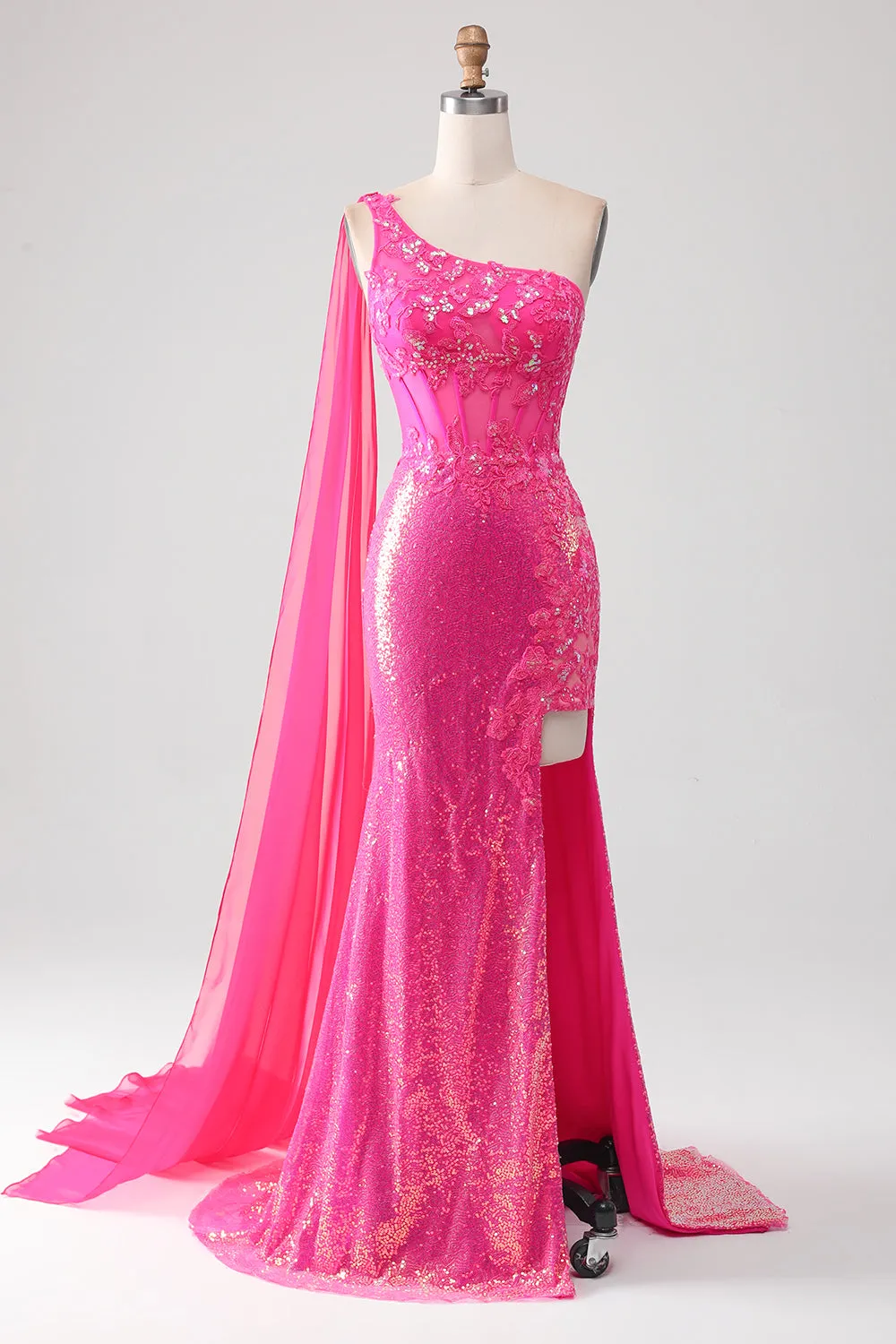 Sparkly Fuchsia Mermaid One Shoulder Appliques Prom Dress With Slit sold by Zapaka