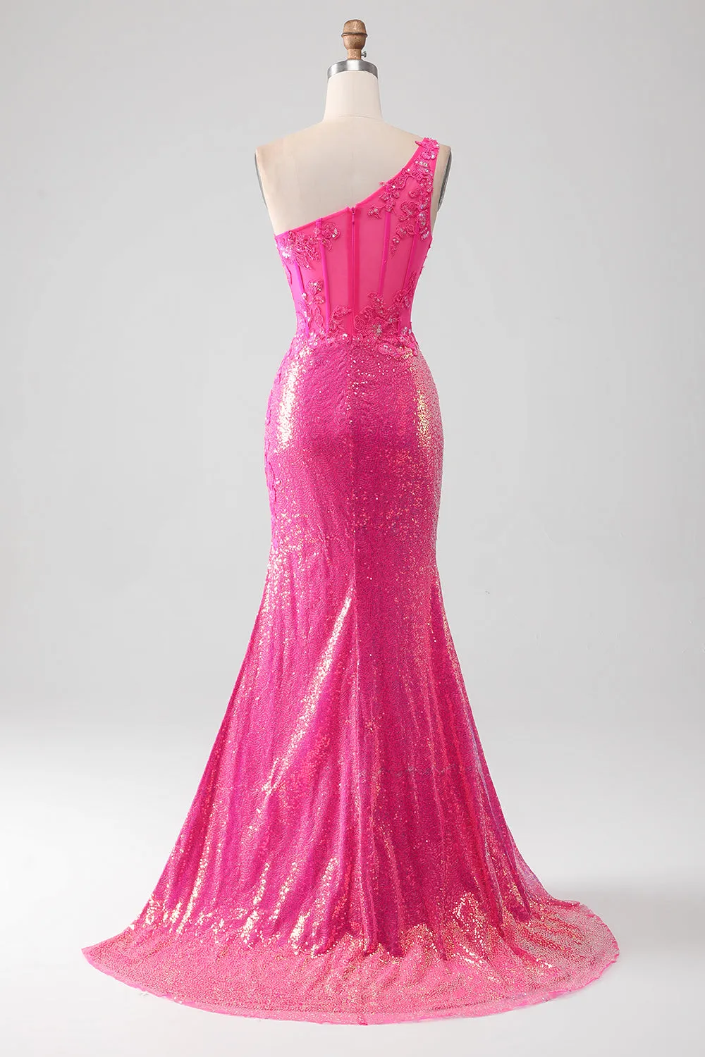 Sparkly Fuchsia Mermaid One Shoulder Appliques Prom Dress With Slit sold by Zapaka product image thumbnail 5