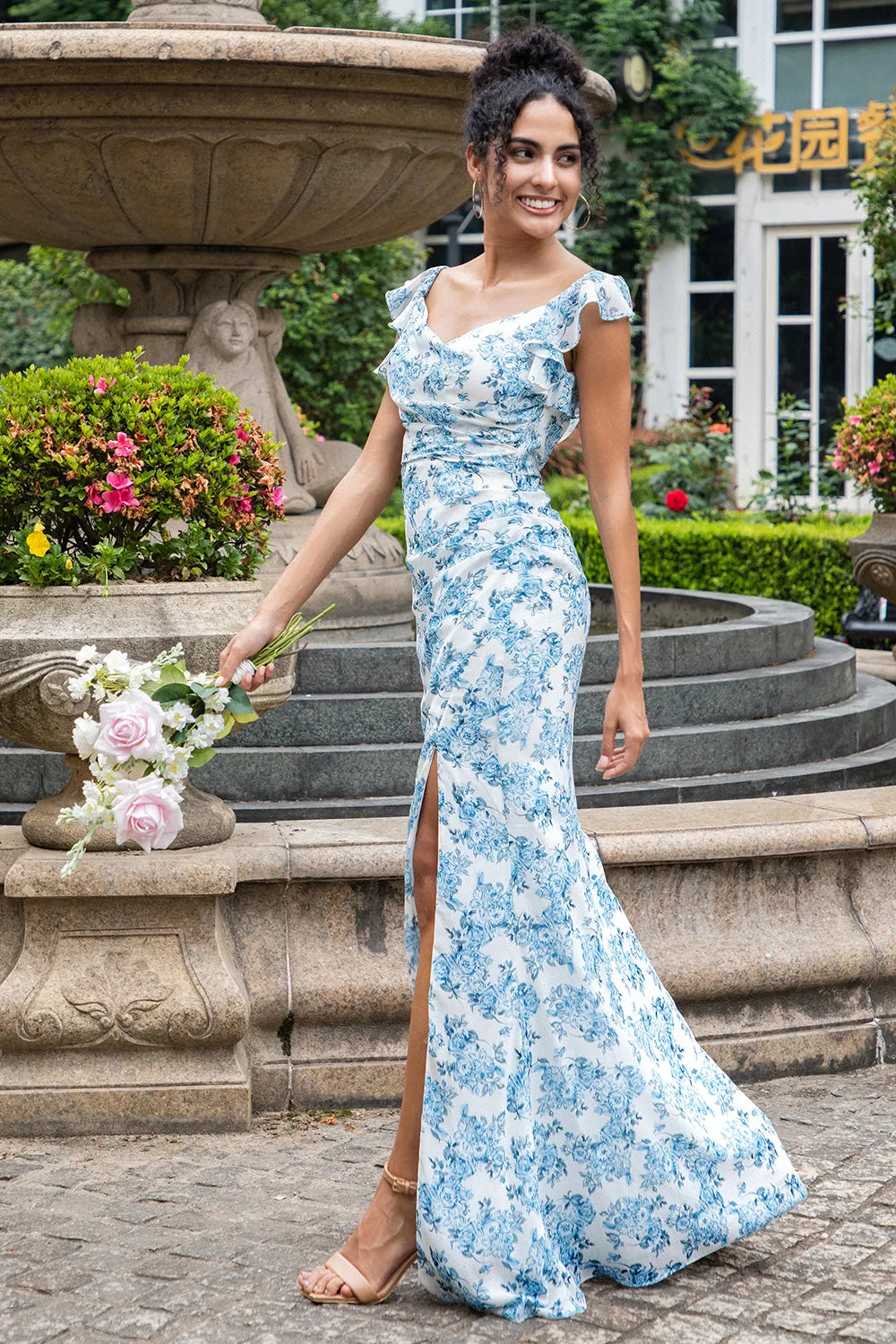 White Blue Flower Mermaid Print Maxi Wedding Party Guest Dress with Slit sold by Zapaka product image thumbnail 5