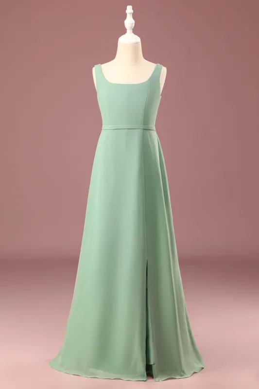 Matcha Square Neck Sleeveless A-line Chiffon Maxi Junior Bridesmaid Dress sold by Zapaka