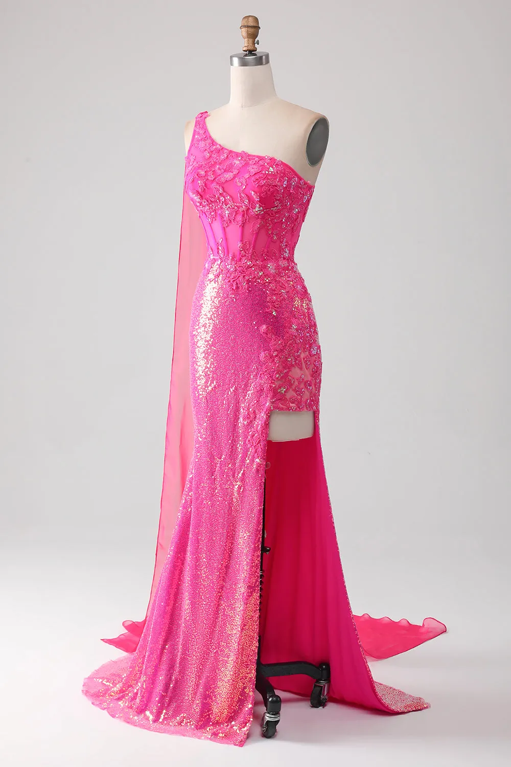 Sparkly Fuchsia Mermaid One Shoulder Appliques Prom Dress With Slit sold by Zapaka product image thumbnail 3