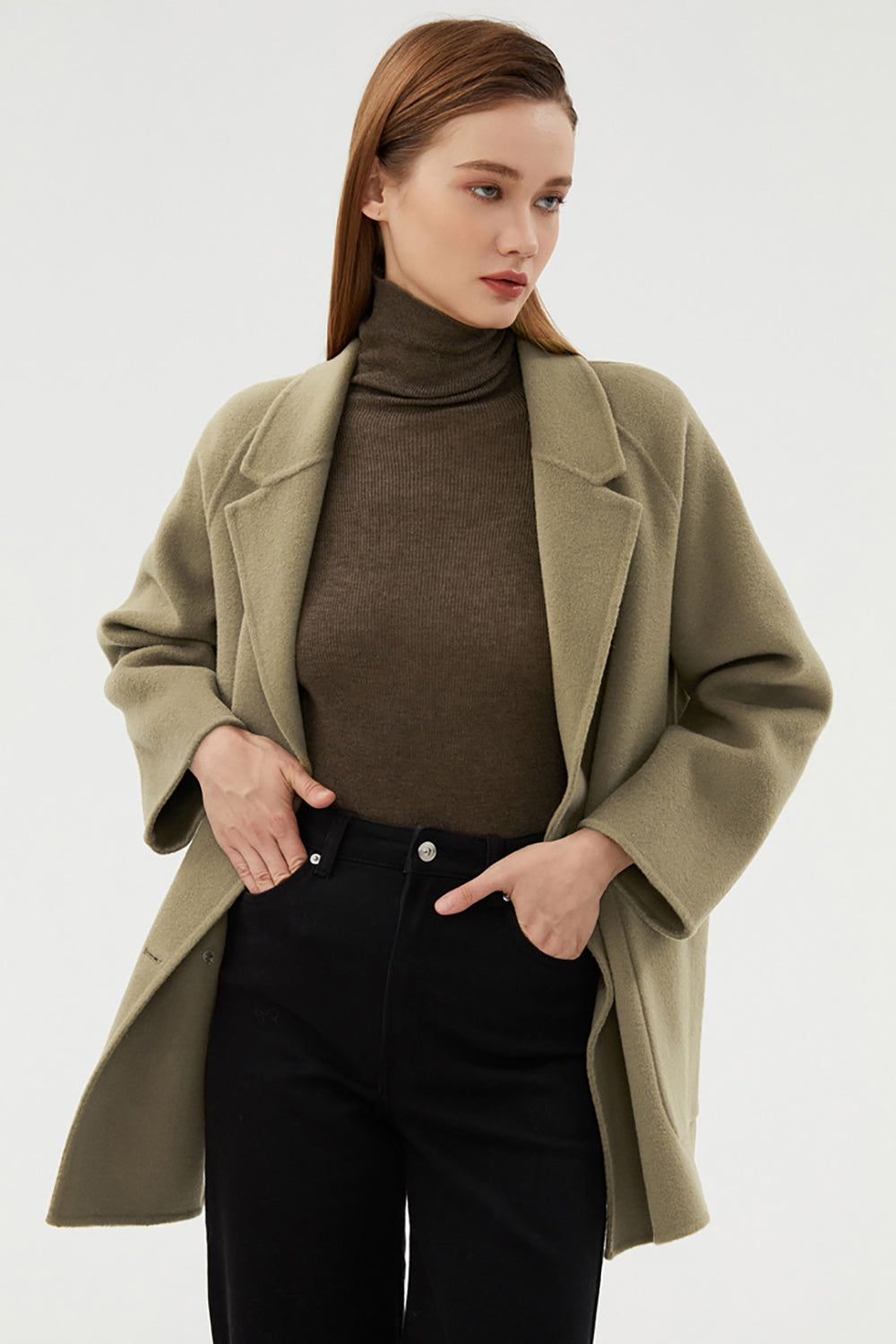 Double Breasted Green Notched Lapel Wool Coat With Pockets sold by Zapaka product image thumbnail 3