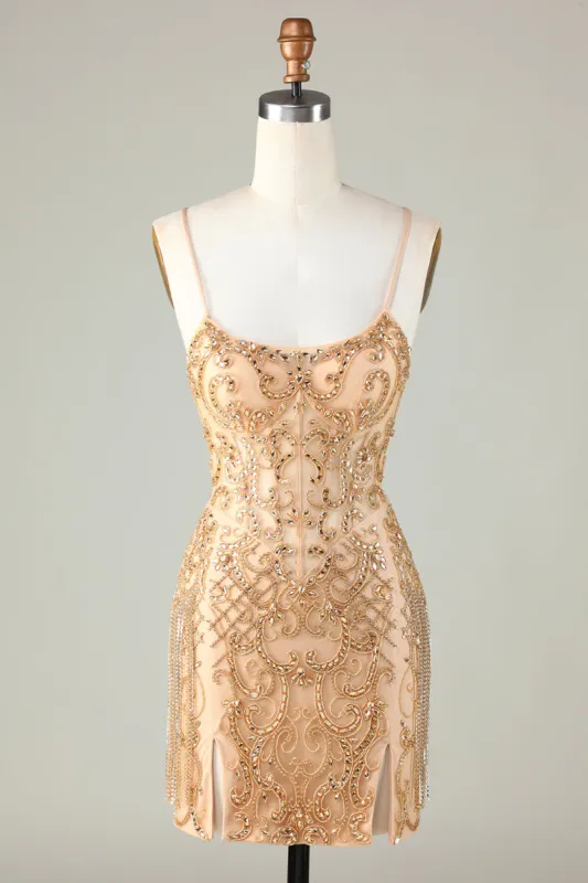 Spaghetti Straps Golden Tight Homecoming Dress with Beading sold by Zapaka