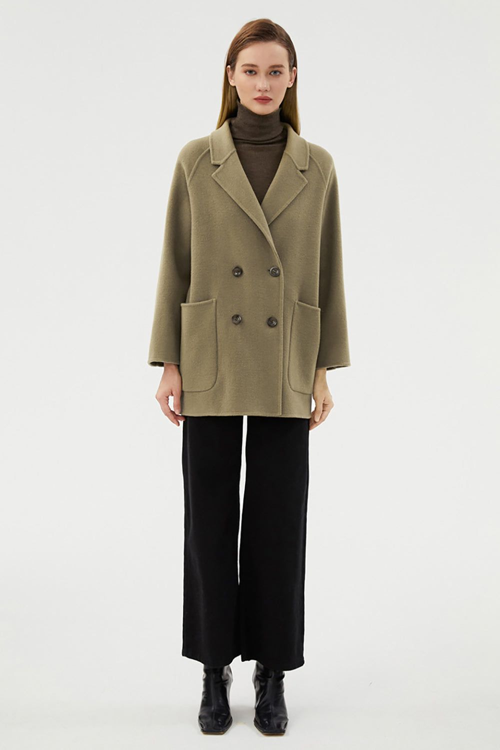 Double Breasted Green Notched Lapel Wool Coat With Pockets sold by Zapaka product image thumbnail 4