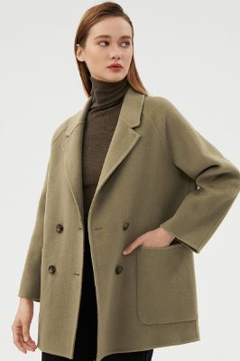 Double Breasted Green Notched Lapel Wool Coat With Pockets sold by Zapaka