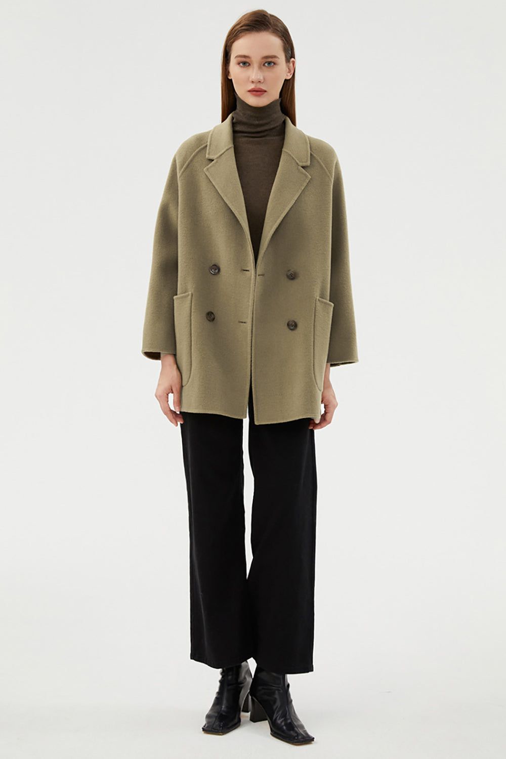 Double Breasted Green Notched Lapel Wool Coat With Pockets sold by Zapaka product image thumbnail 5