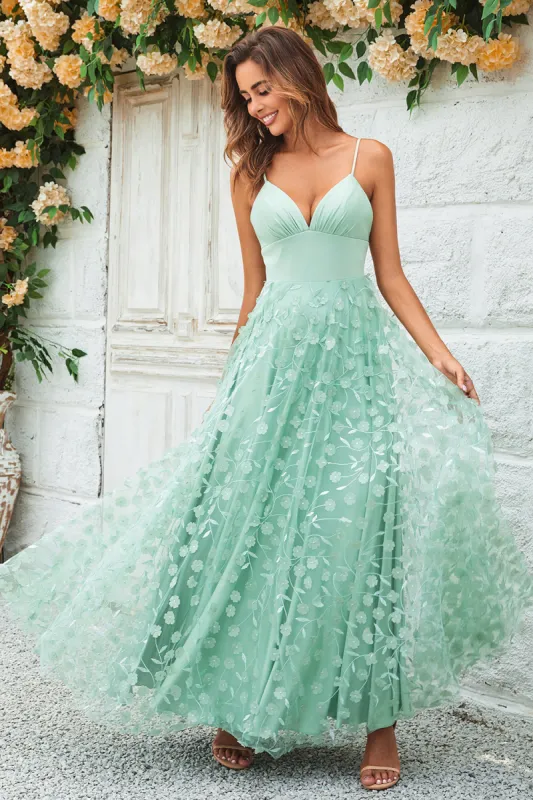 Charming A Line Spaghetti Straps Green Long Bridesmaid Dress with Appliques sold by Zapaka