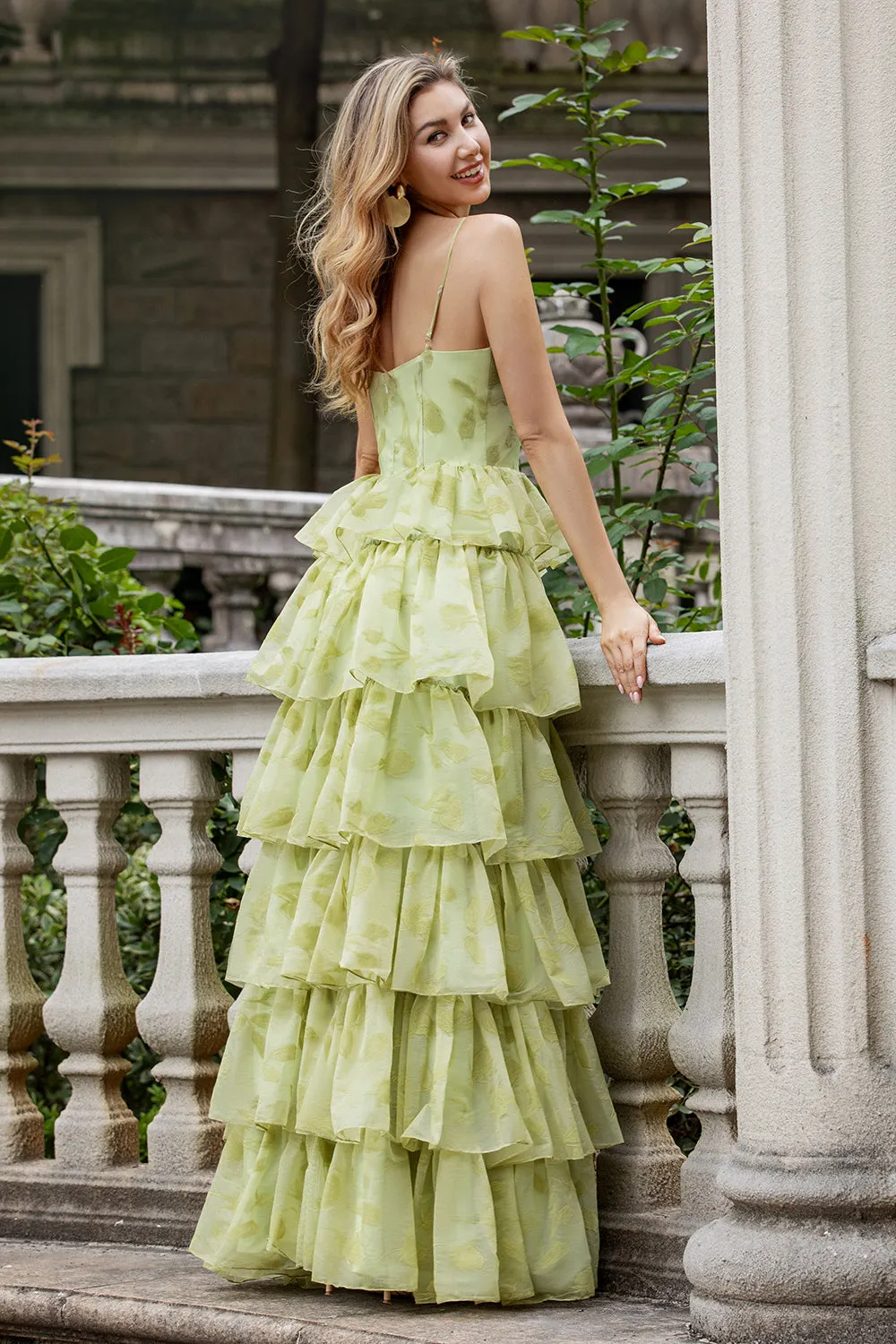 Green Flower A Line Spaghetti Straps Tiered Long Prom Dress With Ruffles sold by Zapaka product image thumbnail 2