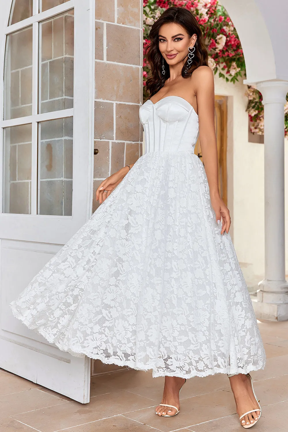 Ivory Strapless Corset Tea-Length Wedding Dress with Lace sold by Zapaka product image thumbnail 4