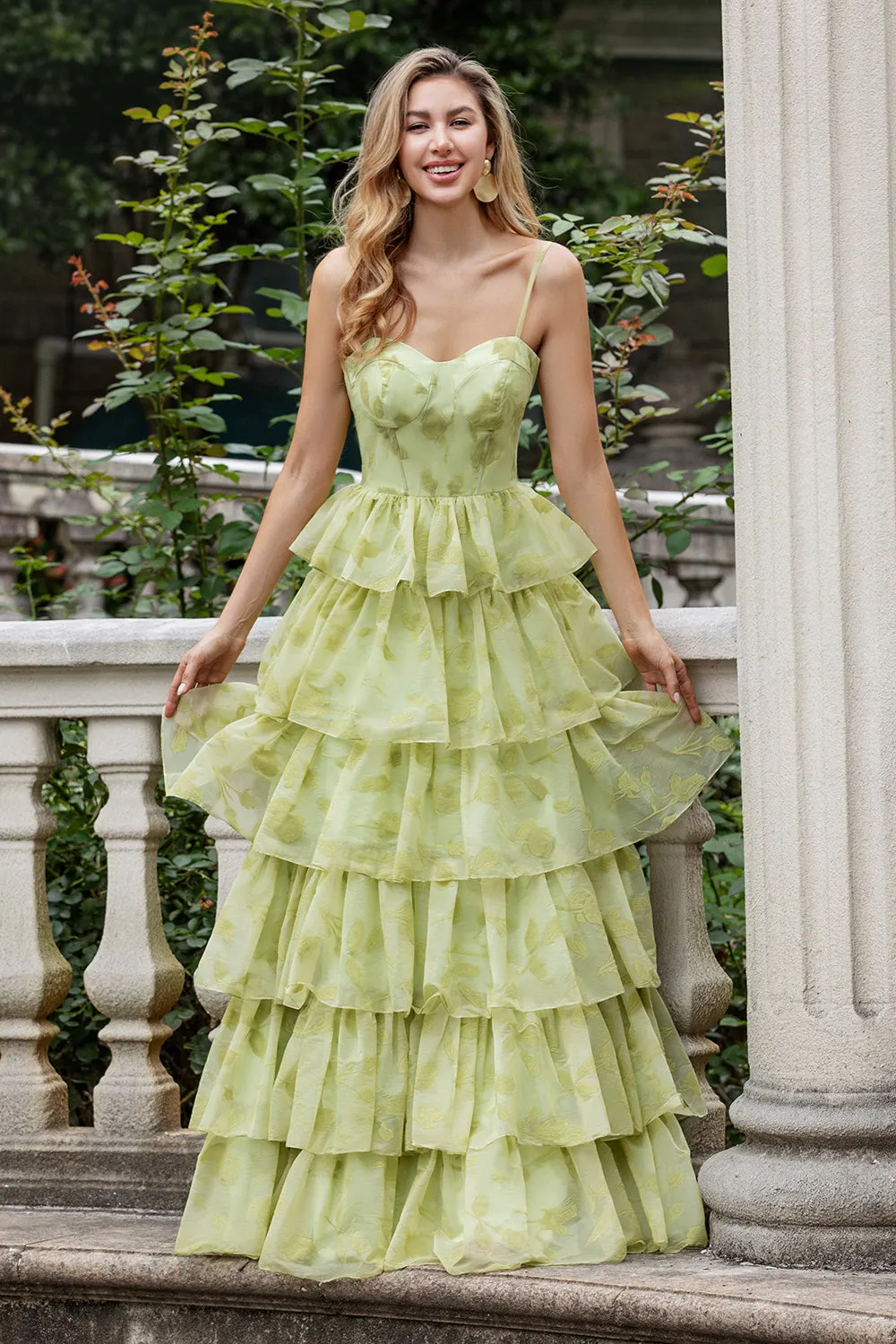 Green Flower A Line Spaghetti Straps Tiered Long Prom Dress With Ruffles sold by Zapaka product image thumbnail 4