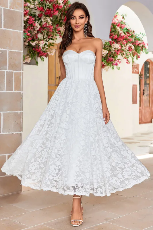 Ivory Strapless Corset Tea-Length Wedding Dress with Lace sold by Zapaka