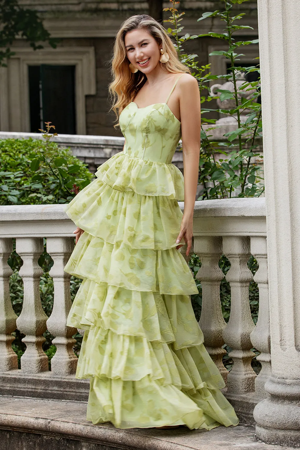 Green Flower A Line Spaghetti Straps Tiered Long Prom Dress With Ruffles sold by Zapaka product image thumbnail 3