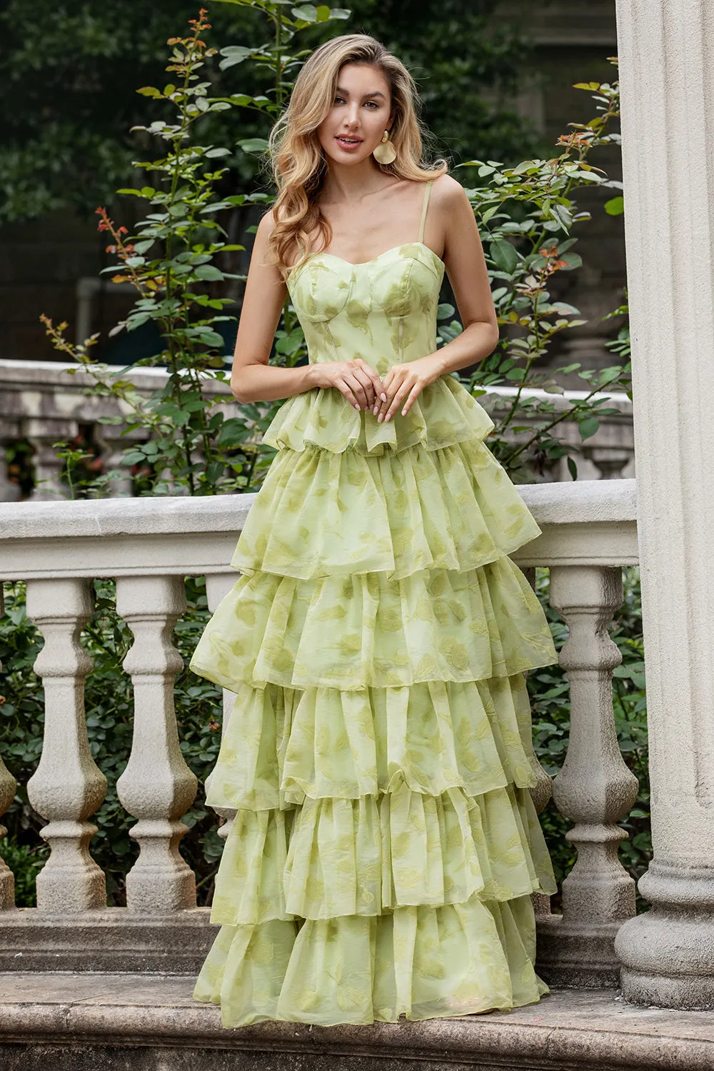 Green Flower A Line Spaghetti Straps Tiered Long Prom Dress With Ruffles sold by Zapaka