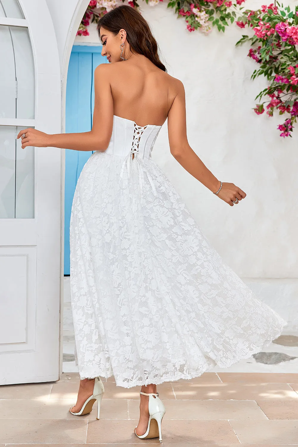 Ivory Strapless Corset Tea-Length Wedding Dress with Lace sold by Zapaka product image thumbnail 2