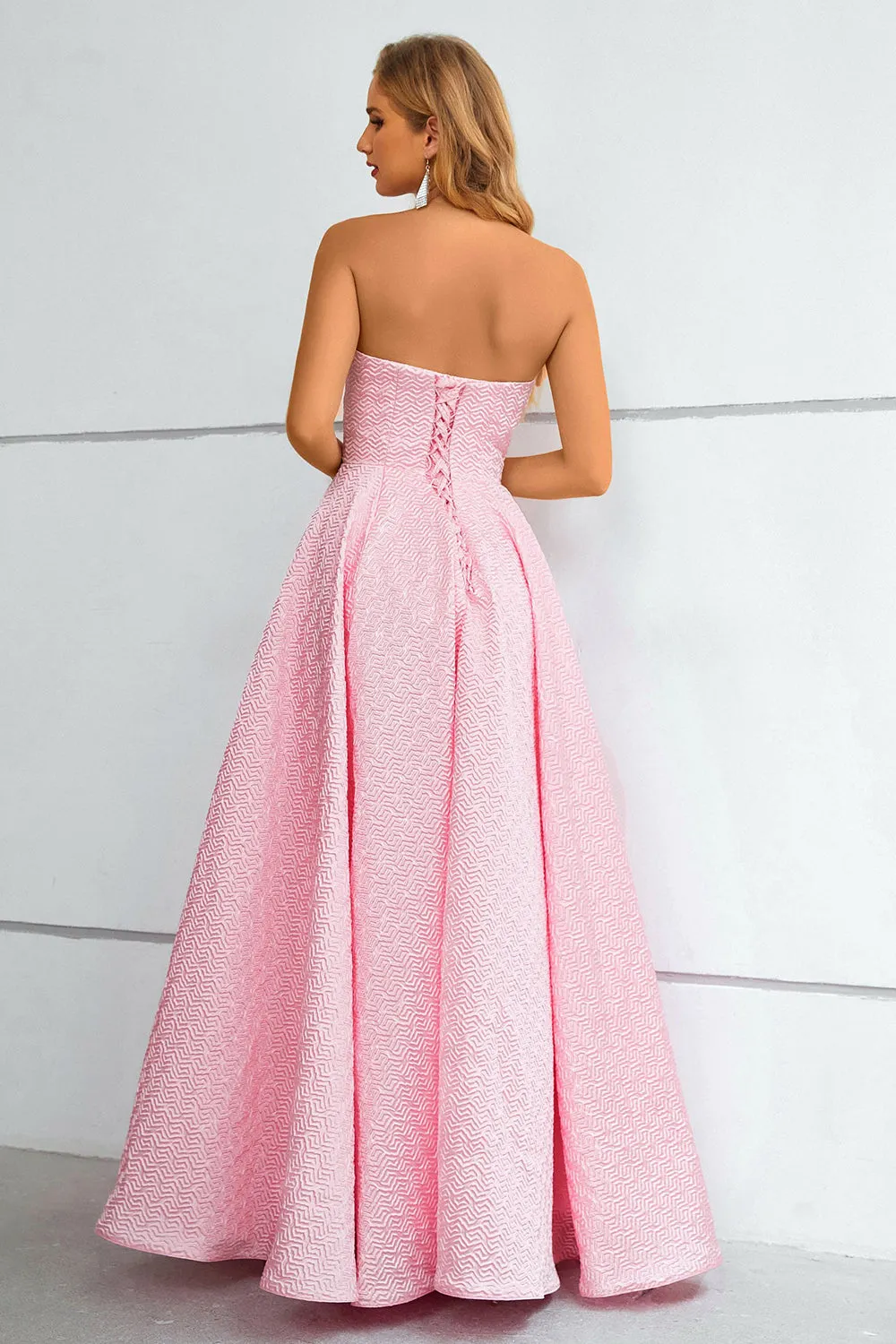 Pink Lace Up A-Line Strapless Prom Dress sold by Zapaka product image thumbnail 2