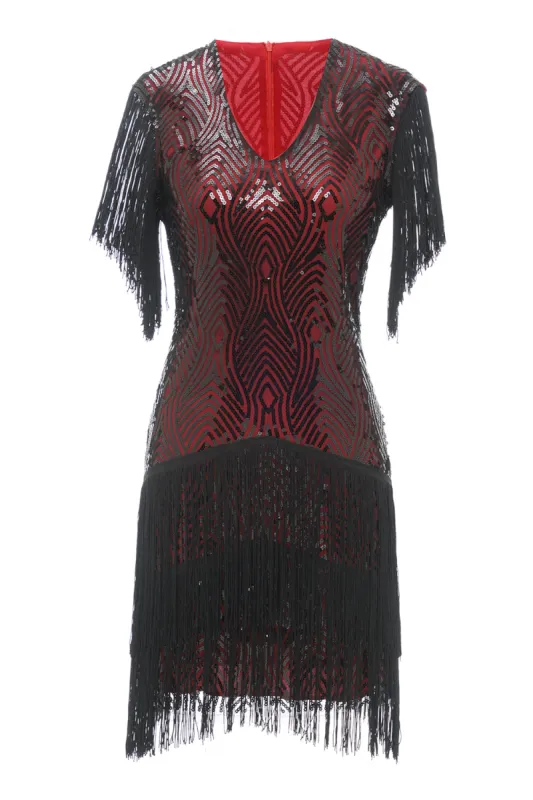 Black Red V Neck 1920s Party Dress made by Zapaka