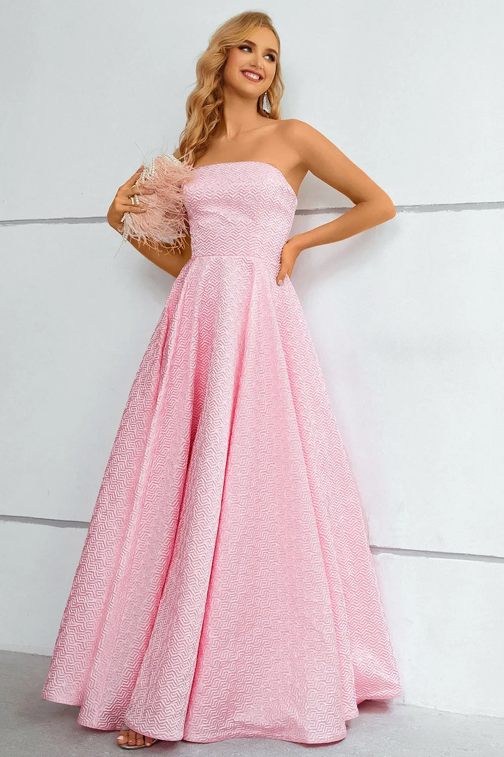 Pink Lace Up A-Line Strapless Prom Dress sold by Zapaka product image thumbnail 3