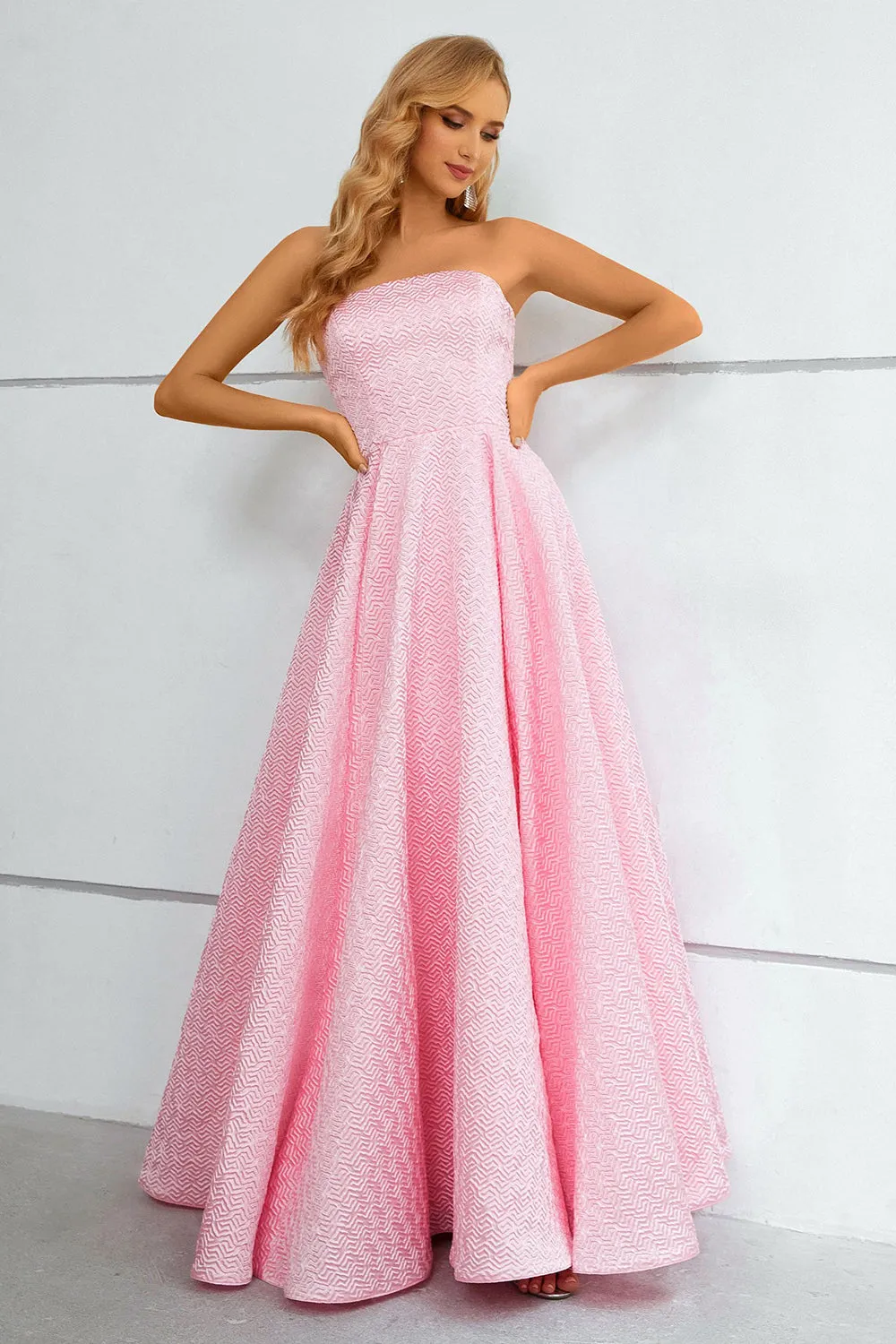 Pink Lace Up A-Line Strapless Prom Dress sold by Zapaka product image thumbnail 4