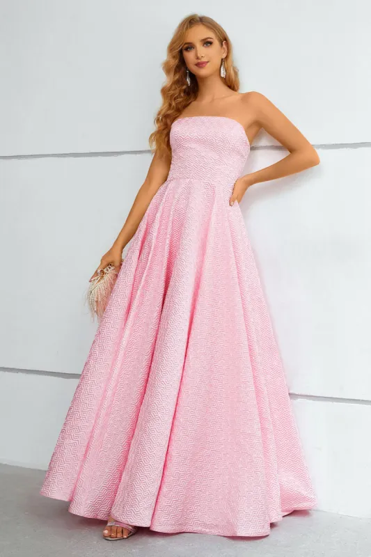 Pink Lace Up A-Line Strapless Prom Dress sold by Zapaka