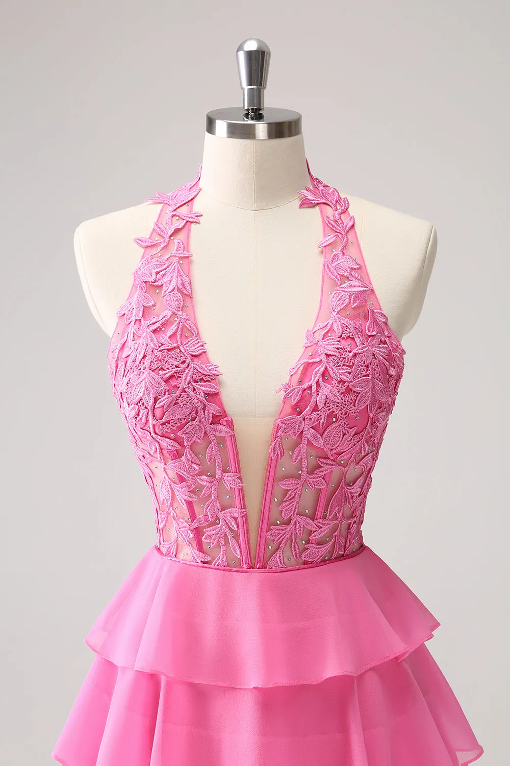 Hot Pink A Line Halter Tiered Corset Short Homecoming Dress with Ruffles sold by Zapaka product image thumbnail 4