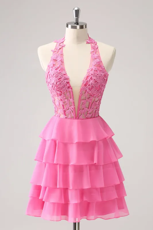 Hot Pink A Line Halter Tiered Corset Short Homecoming Dress with Ruffles sold by Zapaka