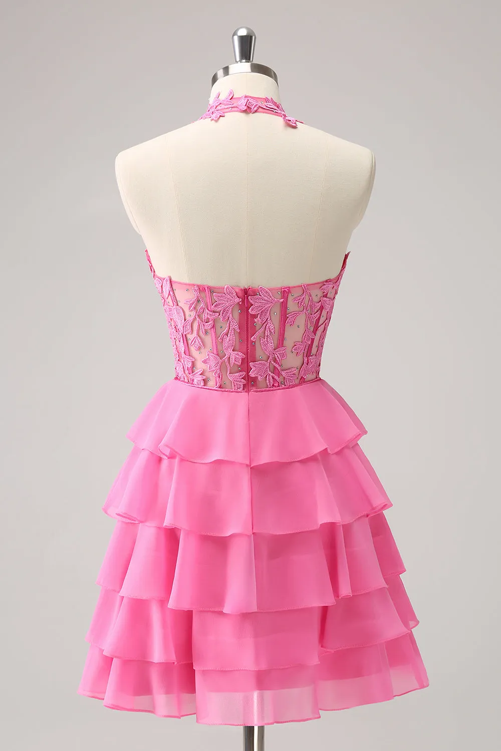 Hot Pink A Line Halter Tiered Corset Short Homecoming Dress with Ruffles sold by Zapaka product image thumbnail 2