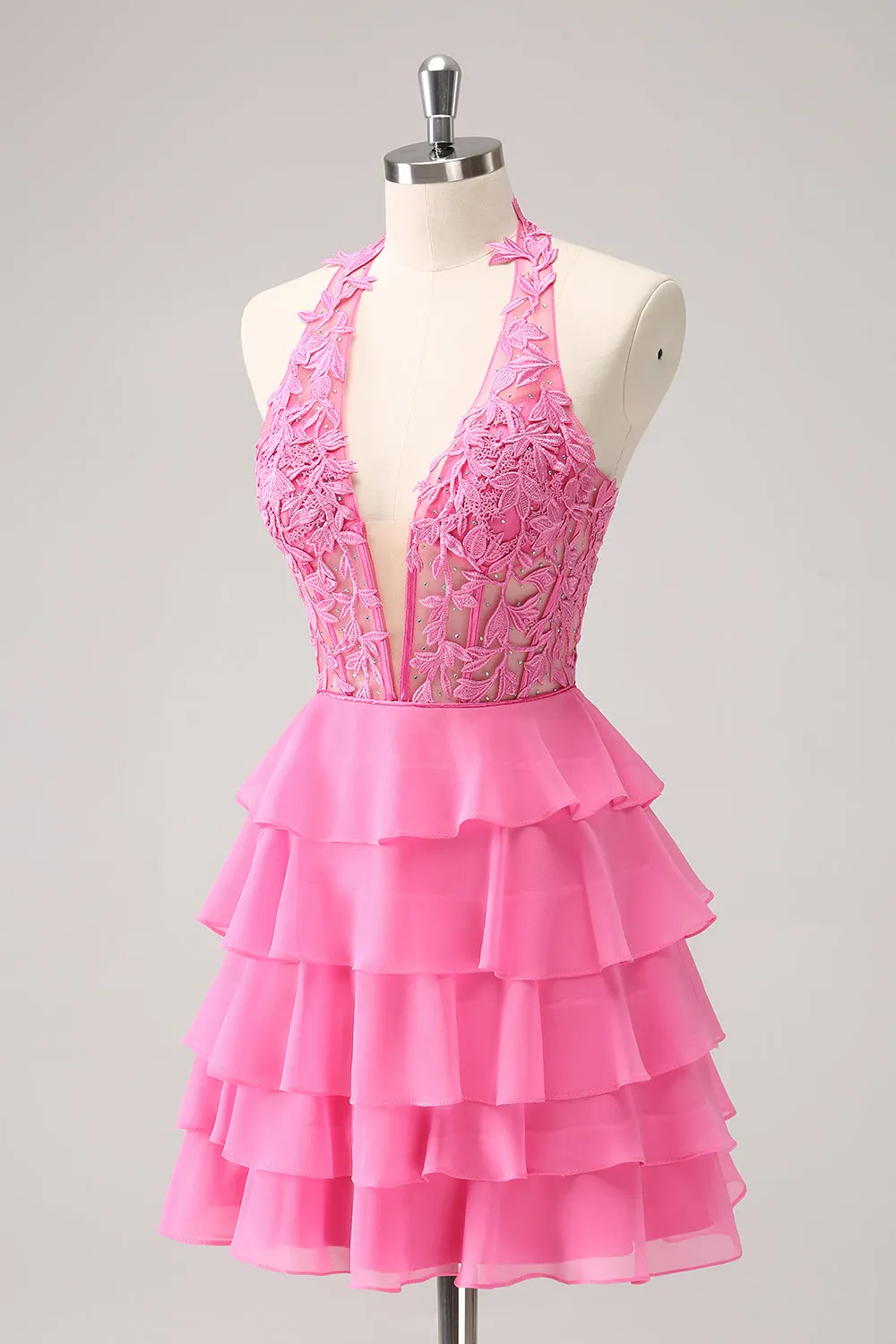 Hot Pink A Line Halter Tiered Corset Short Homecoming Dress with Ruffles sold by Zapaka product image thumbnail 3
